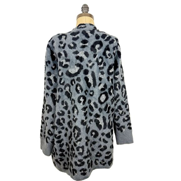 Evolution By Cyrus Open Cardigan Sweater L Fuzzy Leopard Slate Cheetah NWT B35 - Picture 4 of 6